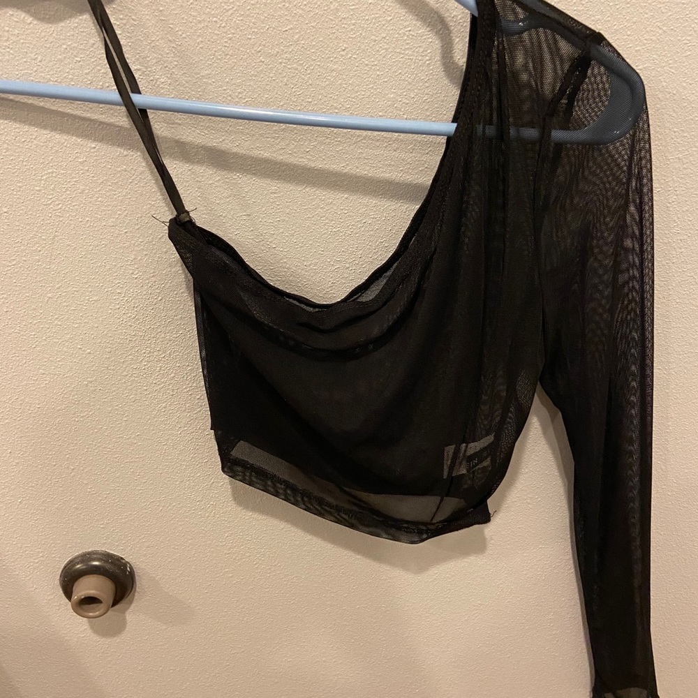 SHEIN Sheer Mesh One-Shoulder Crop Top